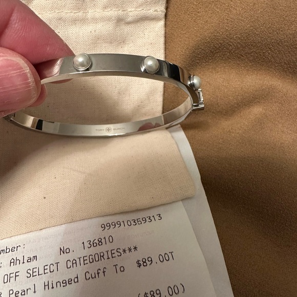 Tory Burch Silver Hinged Bangle Bracelet with Pearl Accents - Picture 5 of 9